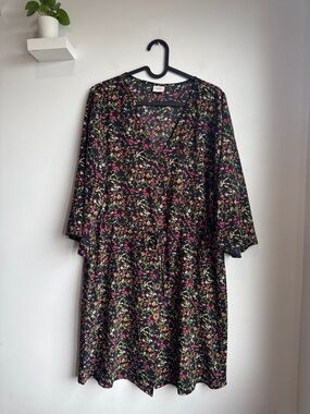 Floral Button-Front V-Neck Dress - Black with Pink & Green